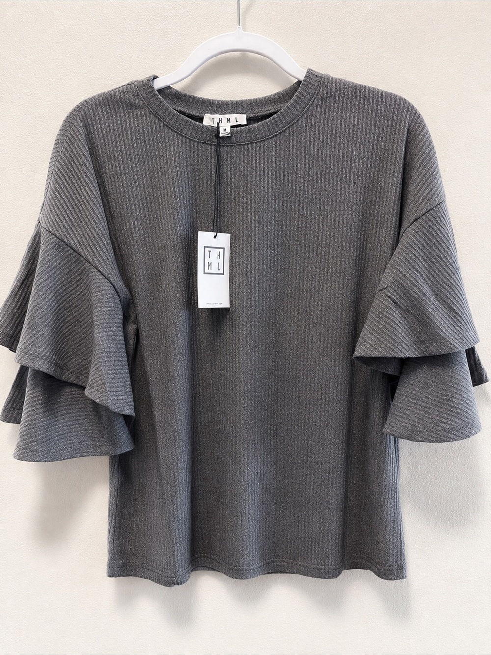 THML Charcoal Ribbed Flutter-Sleeve Tee